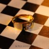 22k Gold Round-Cut Stone Ring with Two-Tone Honeycomb Detailing