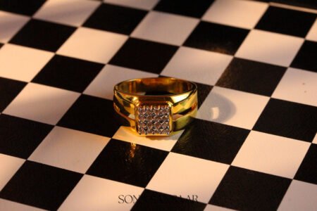 22k Gold Square Cluster Ring with Two-Tone Motif
