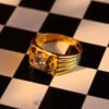 22k Gold Single Stone Ring with Two-Tone Grooved Band