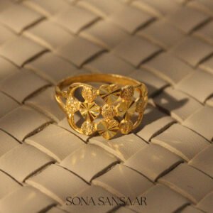 22k Gold Ladies Fancy Hearts Ring with Floral Starburst and Textured Bead Accents