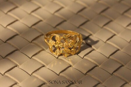 22k Gold Ladies Fancy Hearts Ring with Floral Starburst and Textured Bead Accents